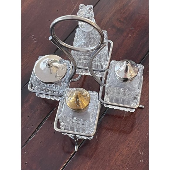 Glass Condiment Set Vintage Holder Pressed Glass Table - Picture 1 of 10